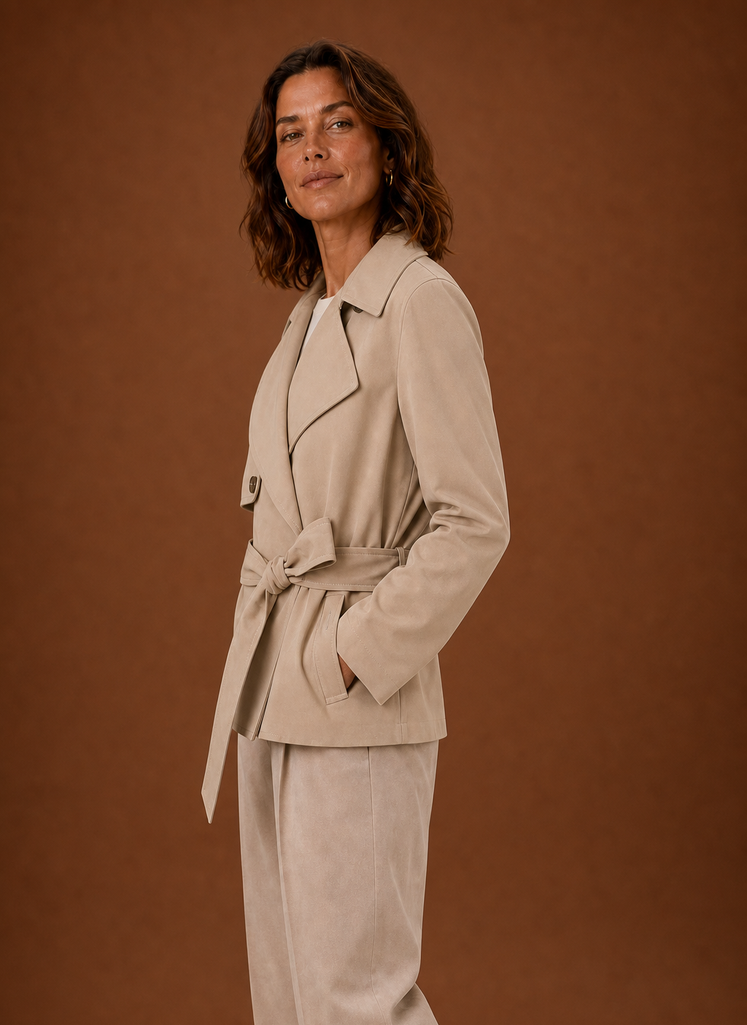 Side profile of women's belted trench jacket highlighting the fit at the waist and sleeve