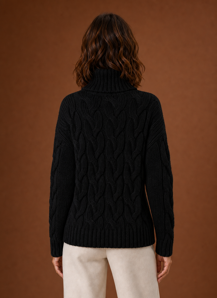Back view of Areleon cable knit sweater highlighting overall knit texture