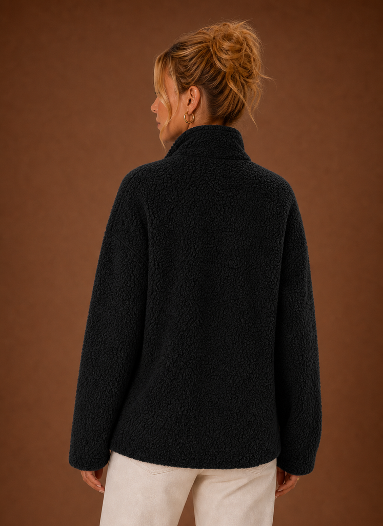 Back view of Sherpa Zip-Up Jacket with straight hem
