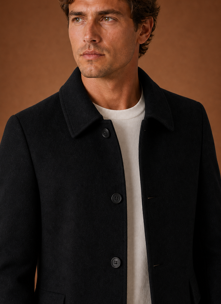 Close-up of overcoat fabric and finished lapel and cuff details