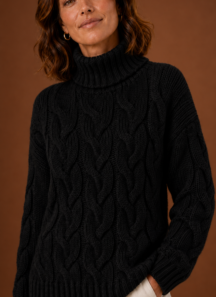 Close-up of cable knit stitch detail and texture on Areleon sweater