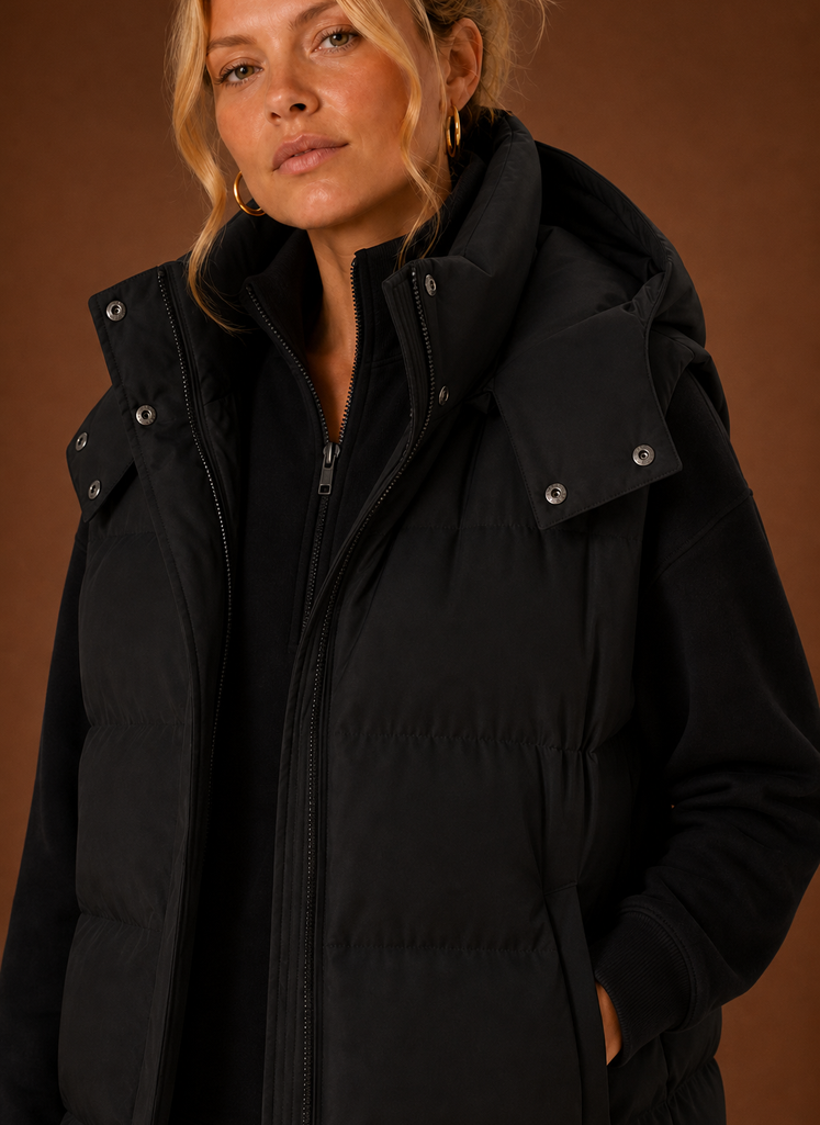 Close-up of the quilted stitching and hood detail on the puffer vest