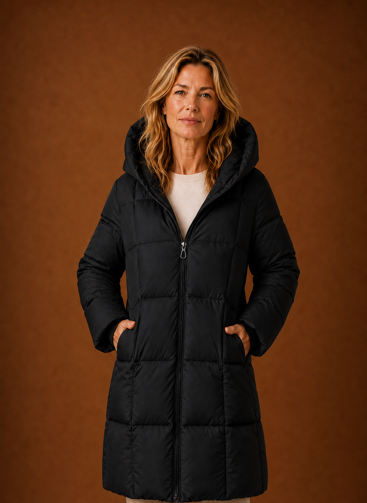 Front view of women's long hooded puffer coat on a mannequin