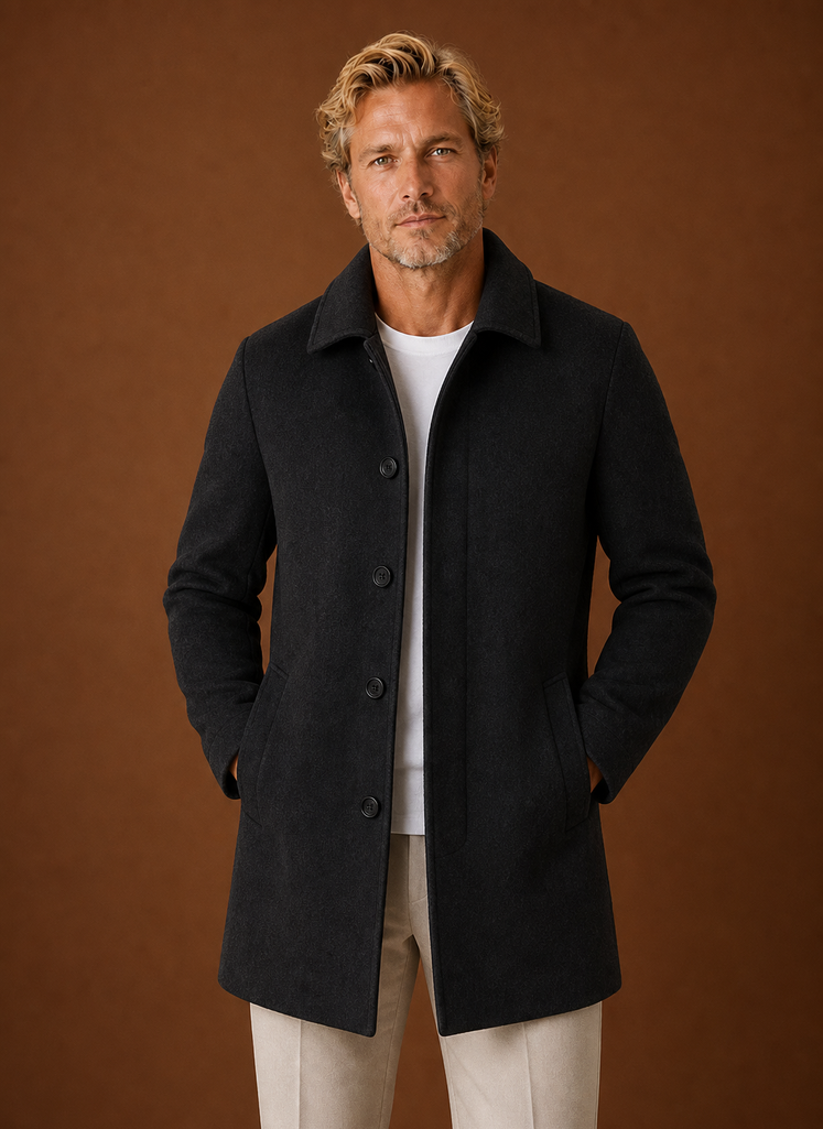 Front view of a men's mid-length overcoat on a mannequin showing clean silhouette