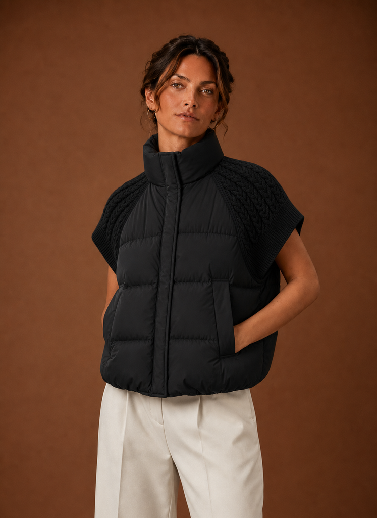 Front view of women's puffer vest with knit shoulder panels on a mannequin