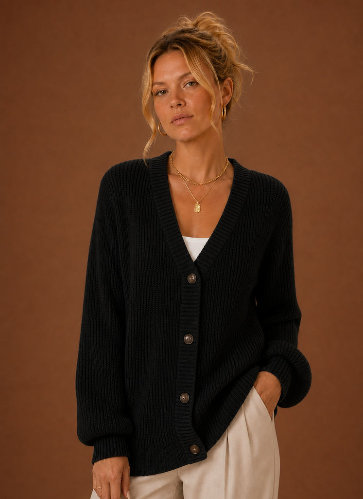 Front view of women's V-neck knit cardigan with button-front closure on a mannequin