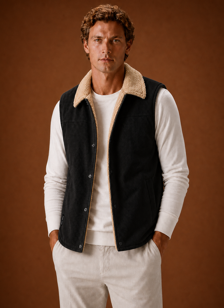 Front view of men's sherpa-lined corduroy vest on a neutral background showing sleeveless gilet silhouette