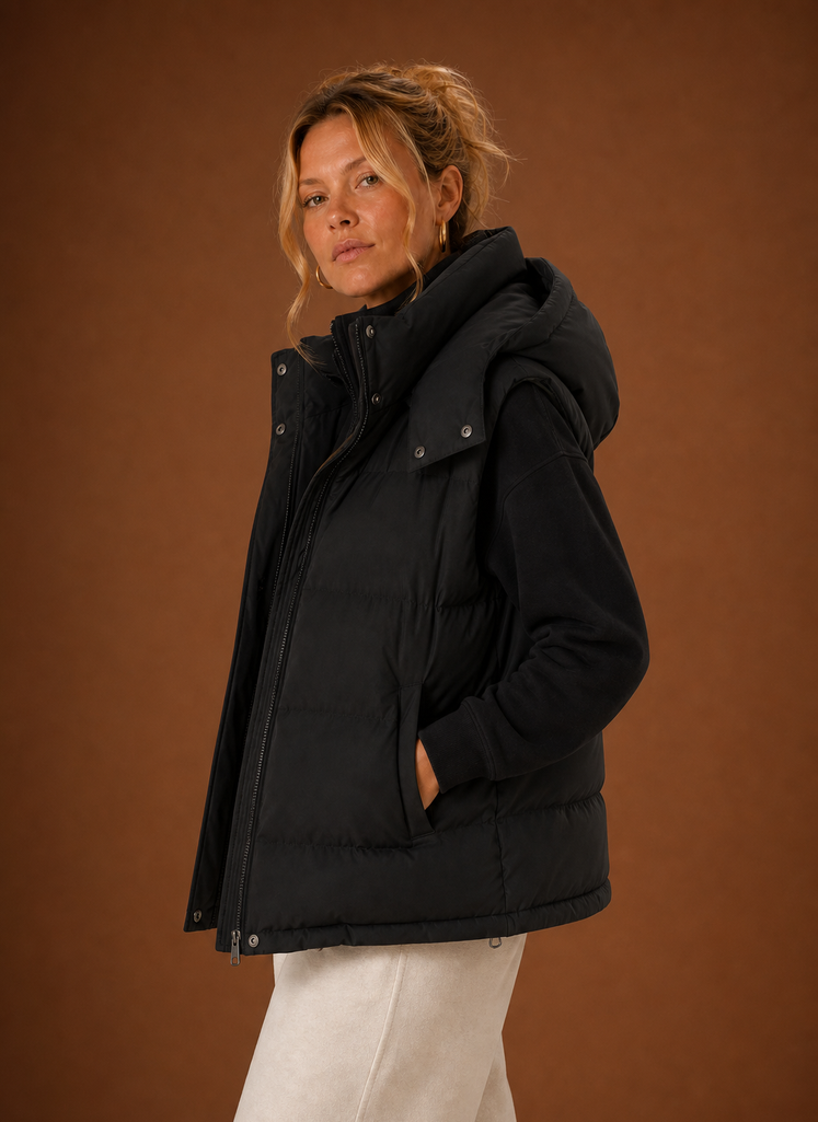 Side profile showing the oversized hood and quilted silhouette of the vest