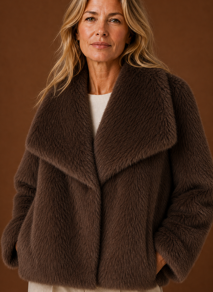 Close-up of coat's plush textured finish and soft pile