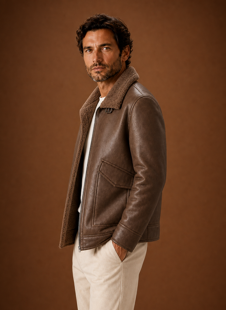 Side view of men's winter coat showing length and structured collar