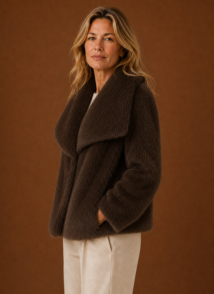 Side view of women's faux fur coat highlighting long sleeve profile