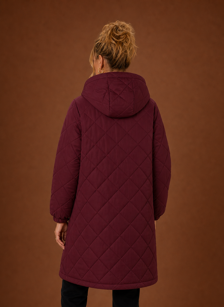 Women's Long Quilted Hooded Winter Coat back view