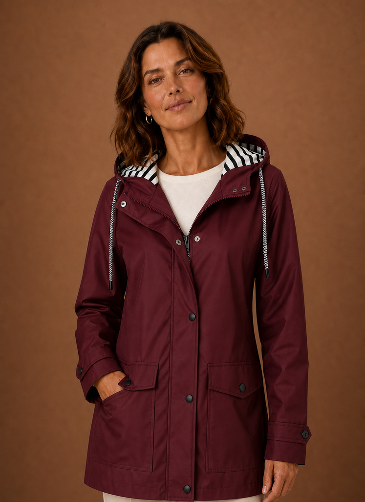 Front view of women's hooded trench coat on mannequin showing hood and streamlined front silhouette
