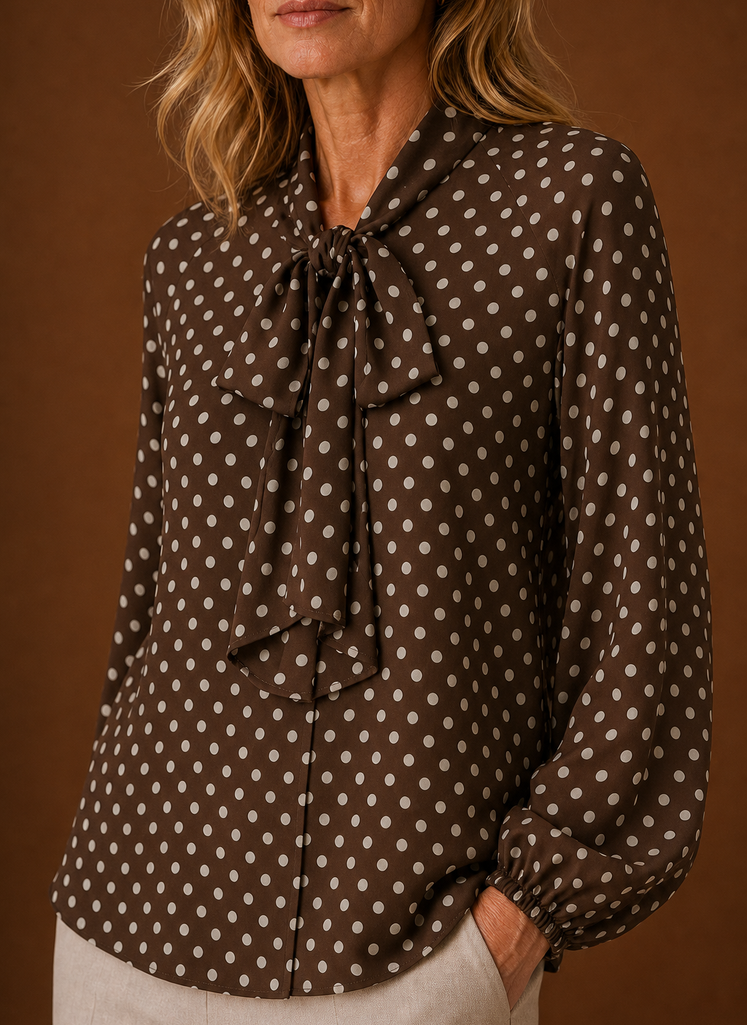 Close-up of the polka dot pattern and high neckline detail