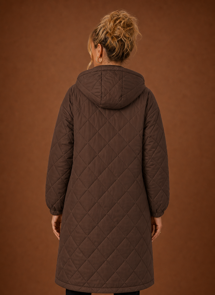 Women's Long Quilted Hooded Winter Coat back view