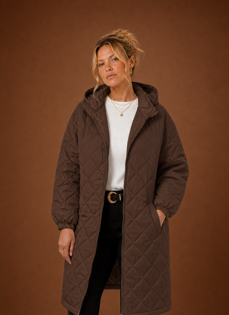 Women's Long Quilted Hooded Winter Coat front view