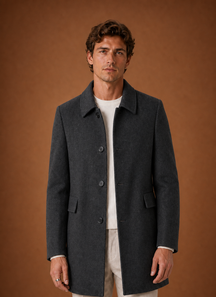 Front view of men's long overcoat on a mannequin showing tailored silhouette