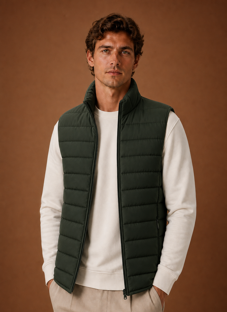 Front view of men's lightweight quilted puffer vest on neutral background