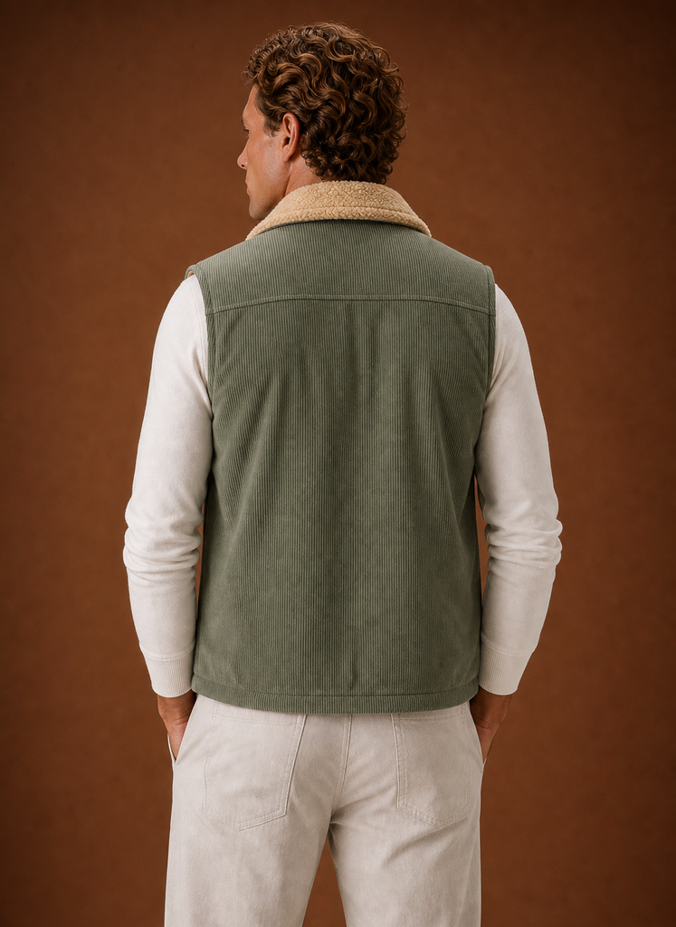 Back view of men's sherpa-lined corduroy vest showing straight back silhouette