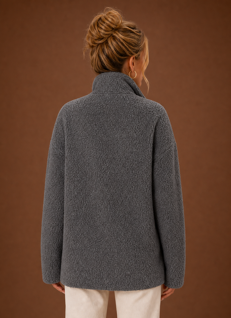 Back view of Sherpa Zip-Up Jacket with straight hem