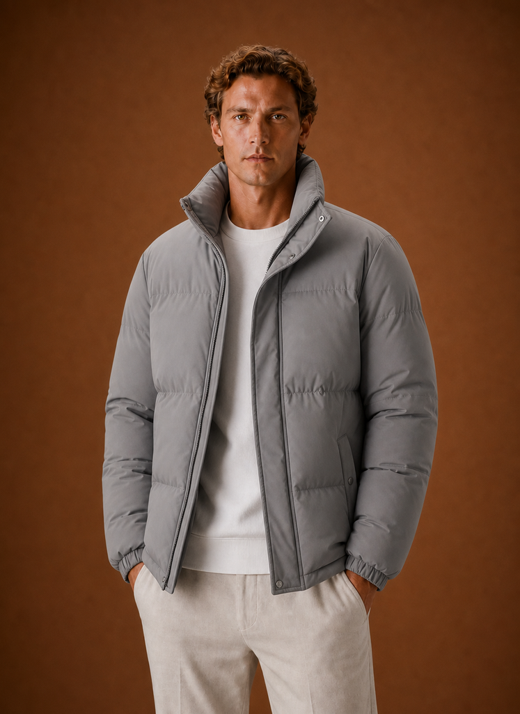 Front view of a men's oversized puffer jacket on a mannequin, showing the relaxed fit