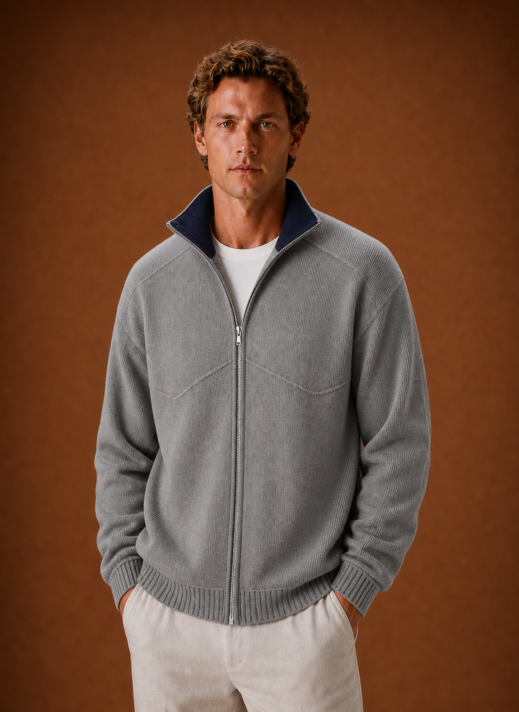 Front view of Areleon men's full-zip knit cardigan jacket in navy