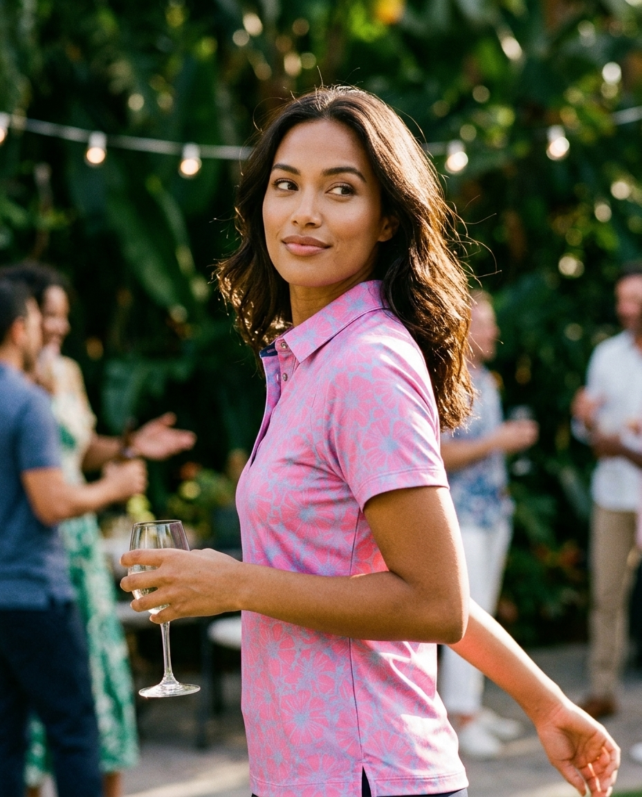 Woman in watermelon floral NIAM polo at a sunlit garden-party terrace