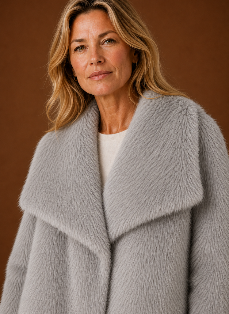 Close-up of coat's plush textured finish and soft pile