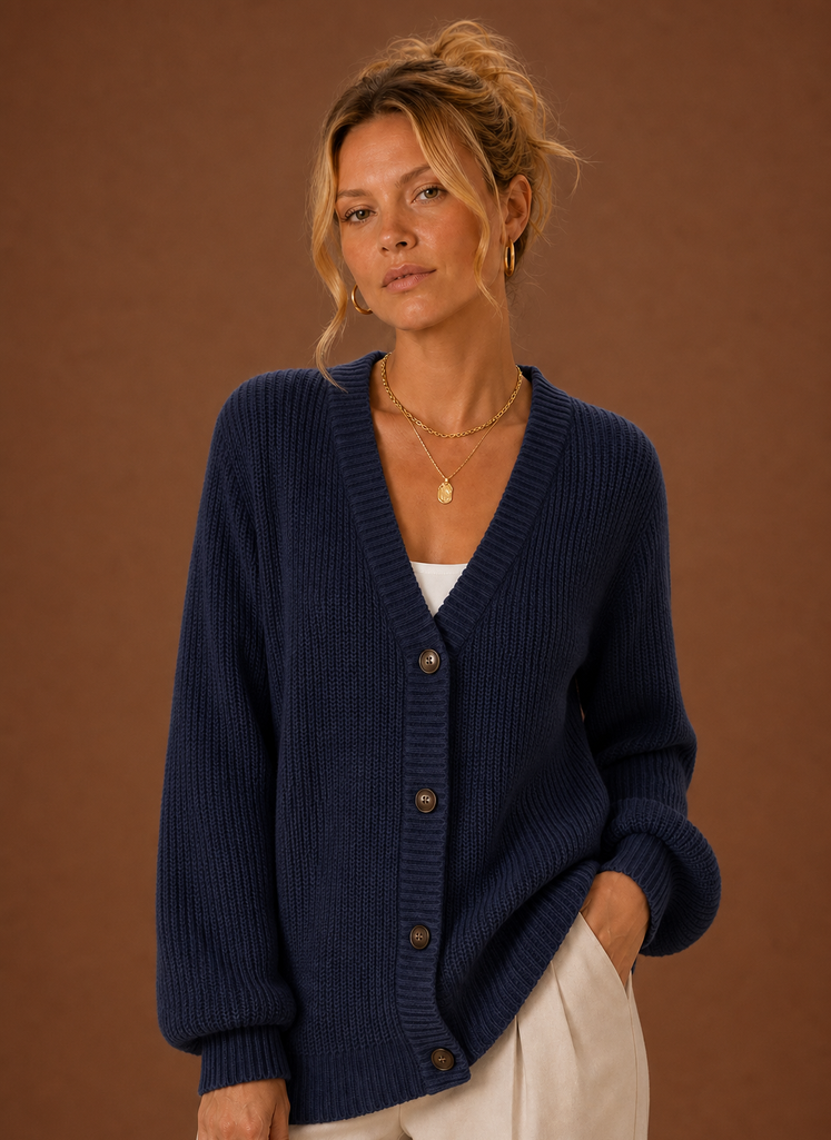 Front view of women's V-neck knit cardigan with button-front closure on a mannequin