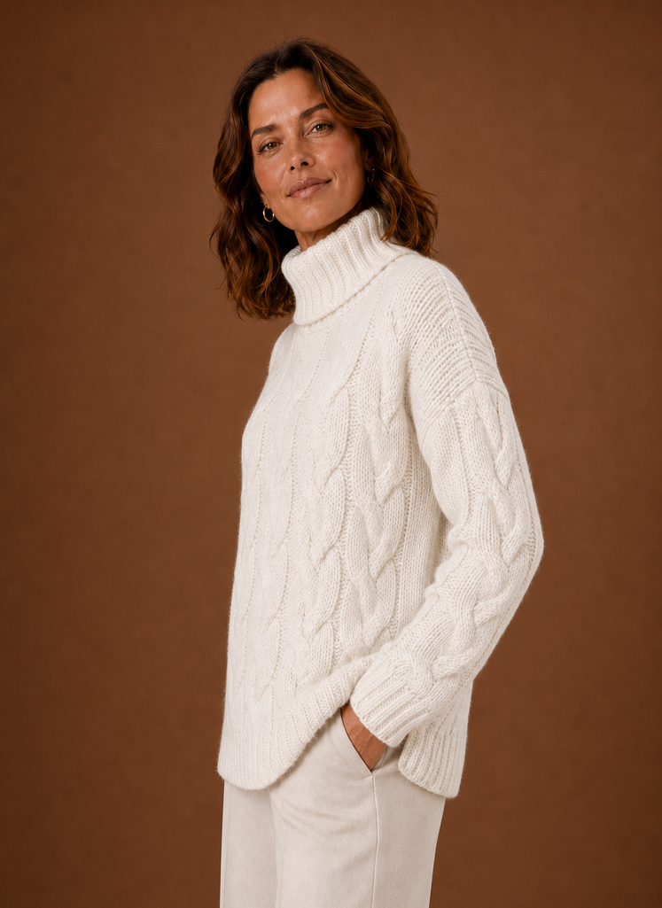 Side profile of Areleon cable knit sweater showing sleeve shape and drape