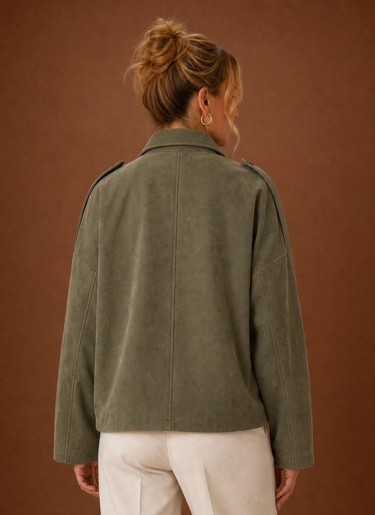 Back view of the Areleon women's oversized jacket highlighting boxy silhouette