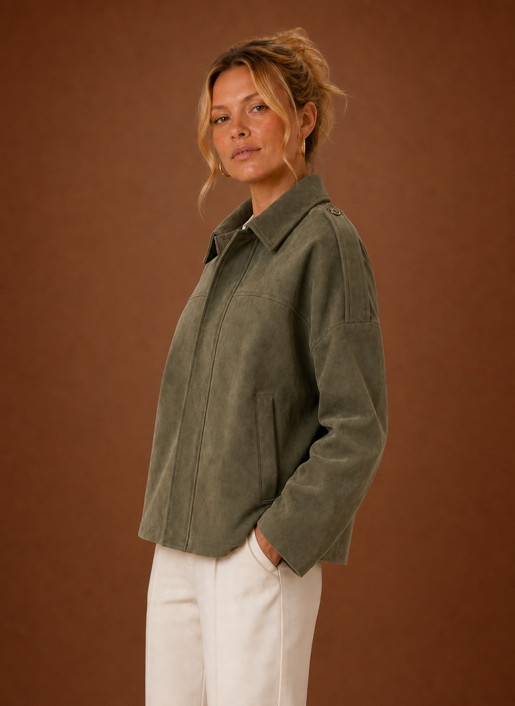 Side profile of the Areleon women's oversized jacket showing relaxed fit