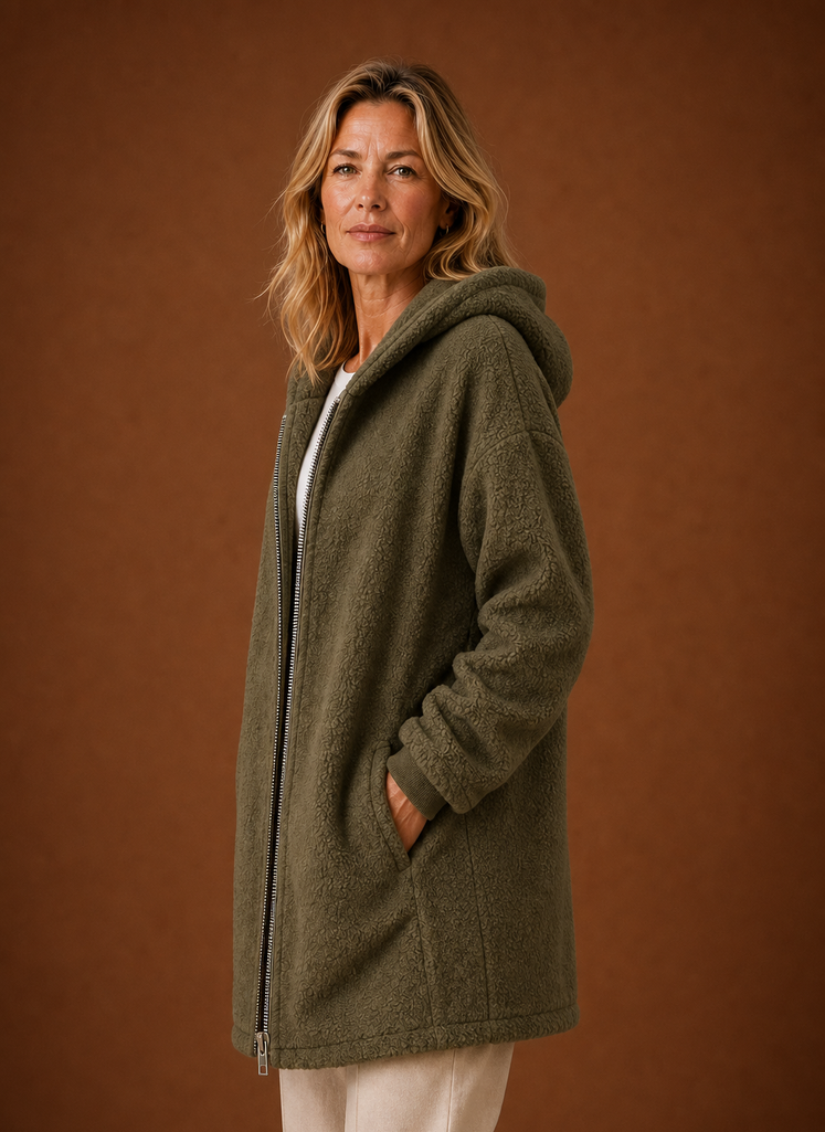 Women's Long Fleece Hooded Winter Jacket side view