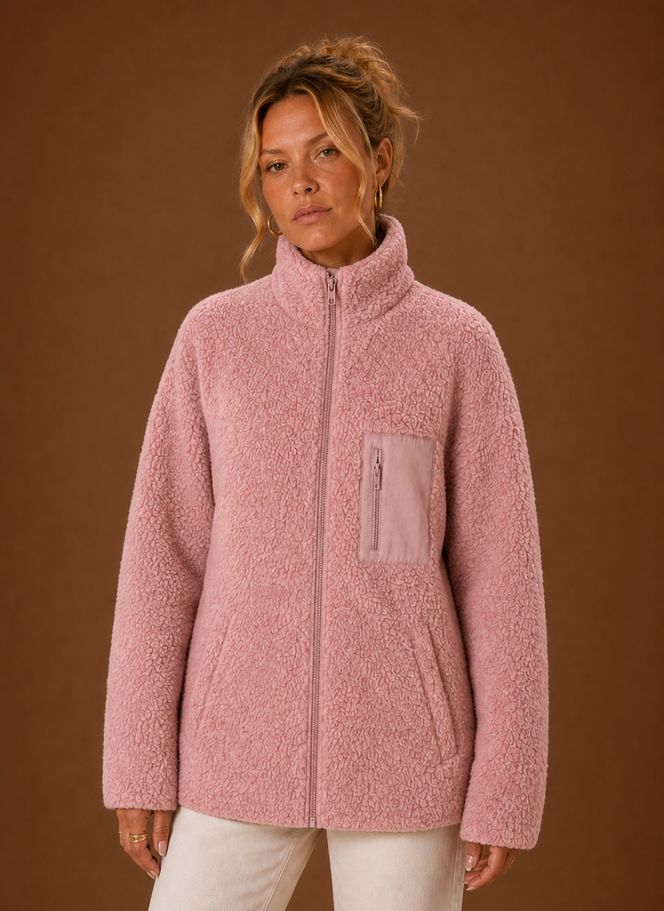 Front view of Areleon Sherpa Zip-Up Jacket showing full-zip closure