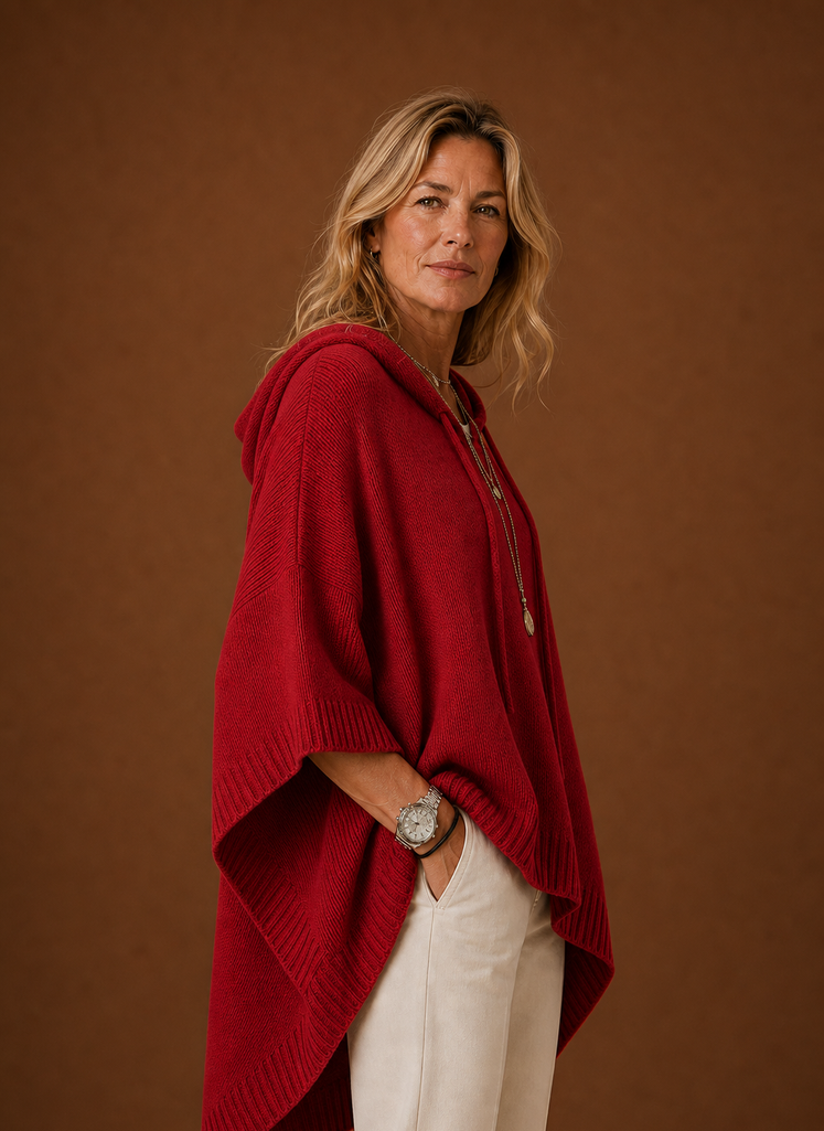 Side profile of hooded pullover highlighting oversized silhouette and sleeve length