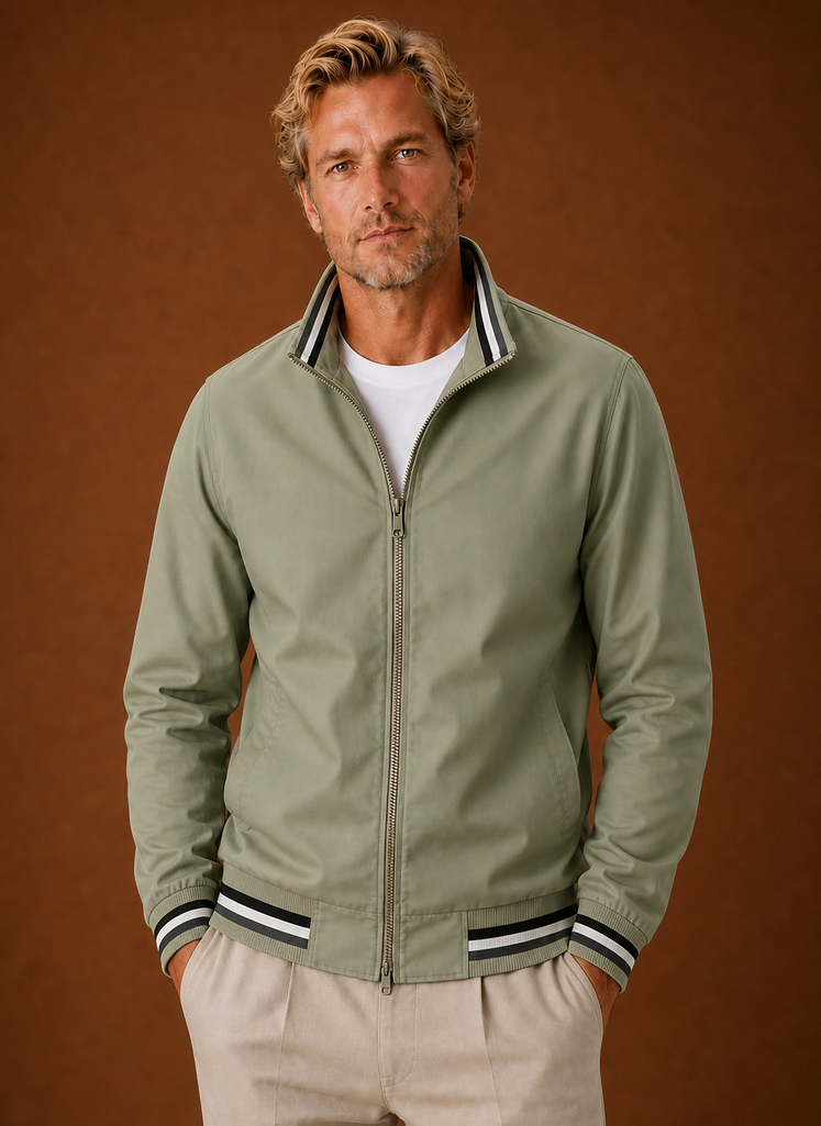 Front view of men's lightweight bomber jacket with zip closure