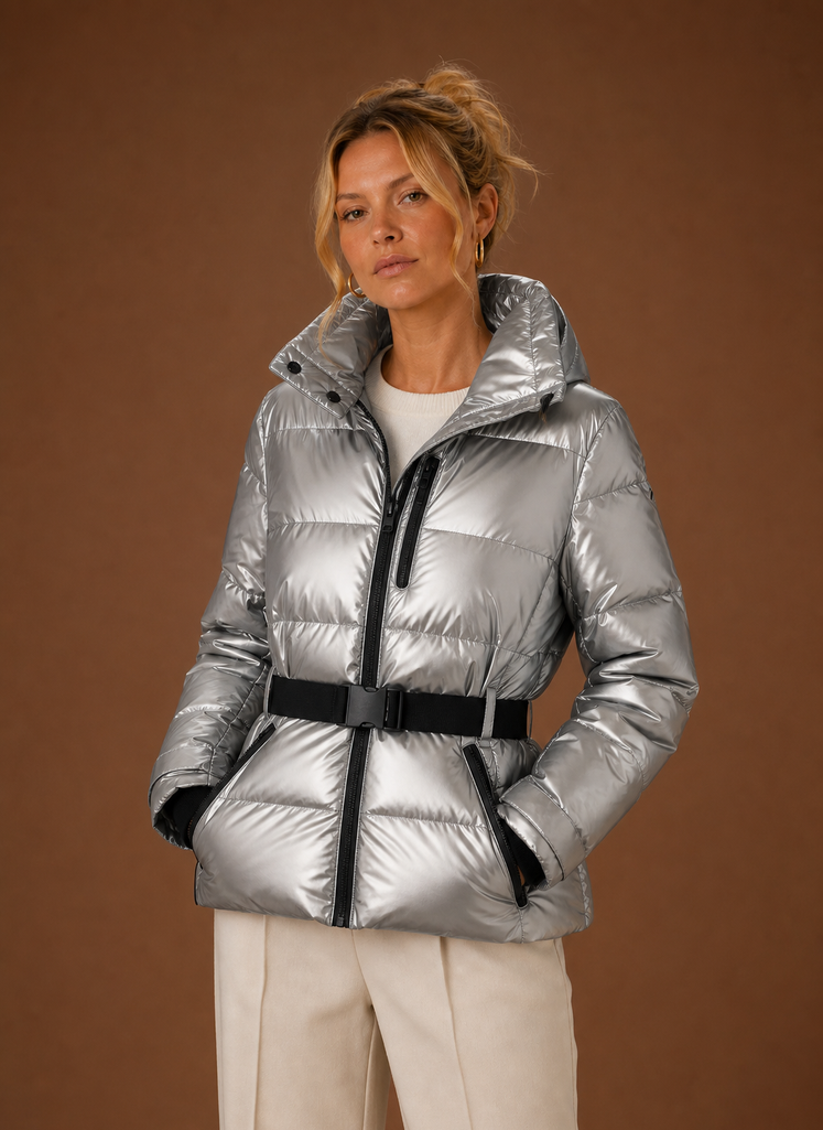 Front view of Areleon metallic hooded puffer jacket on a mannequin