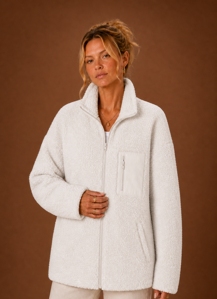 Front view of Areleon Sherpa Zip-Up Jacket showing full-zip closure