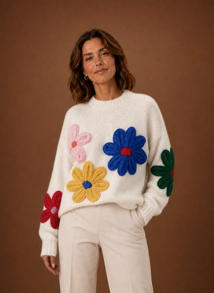 Front view of white oversized floral knit sweater on a mannequin showing pullover silhouette and floral pattern