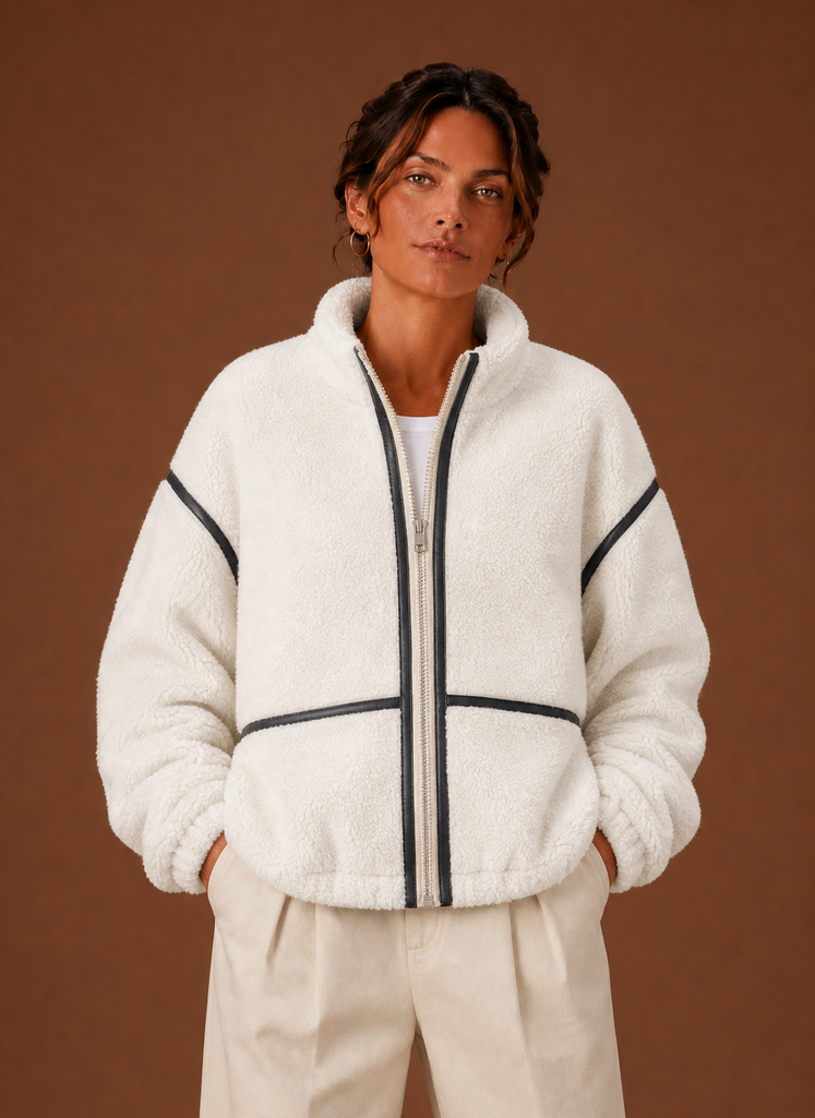Front view of women's sherpa jacket on mannequin showing zip closure and pockets