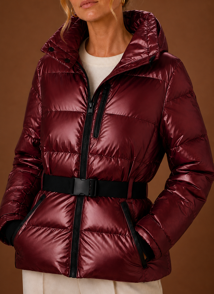 Close-up of metallic finish and quilting on the Areleon hooded puffer jacket