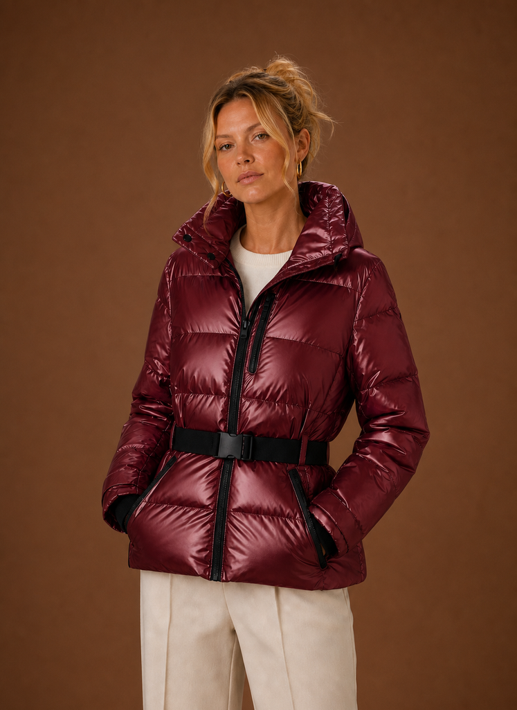 Front view of Areleon metallic hooded puffer jacket on a mannequin