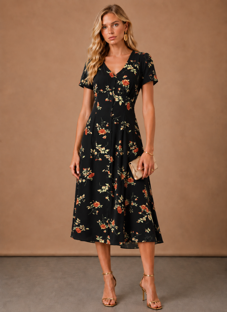 Women's Floral Midi Dress – Button Front Short Sleeve | Areleon