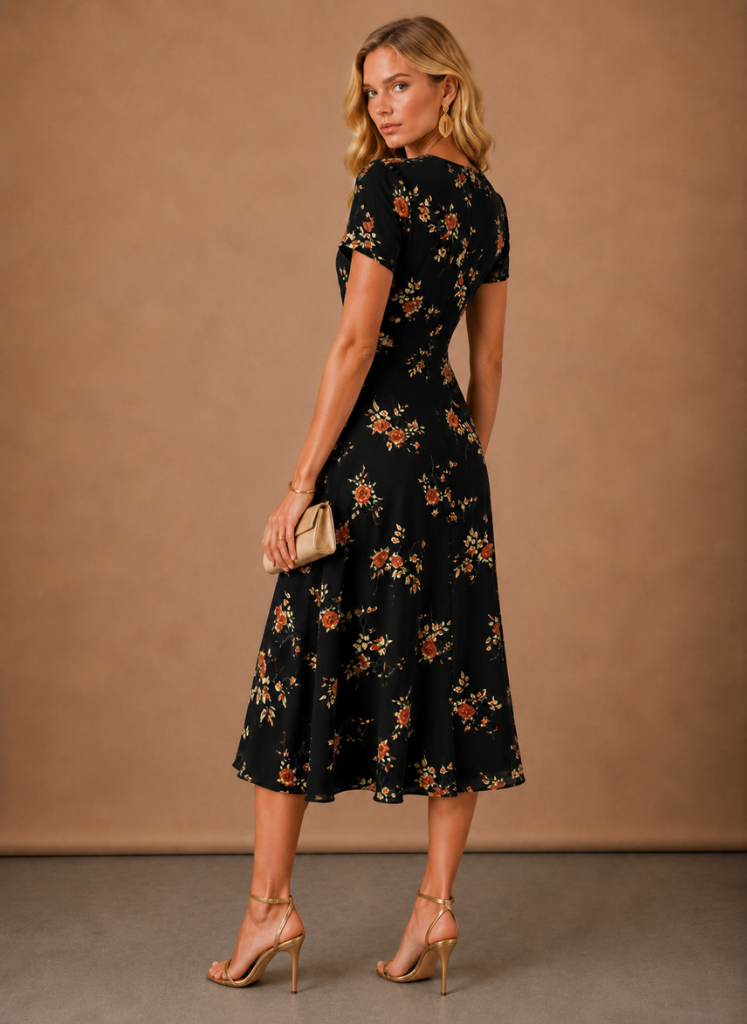 Women's Floral Midi Dress – Button Front Short Sleeve | Areleon