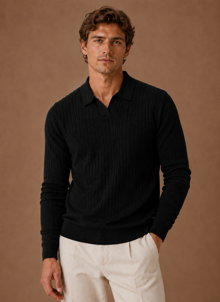 Men's Ribbed Knit Polo Sweater Smart Casual Pullover | Areleon