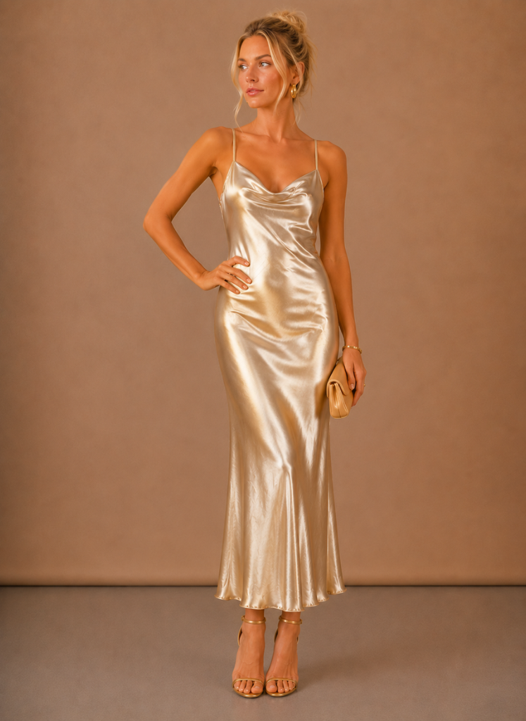 Women’s Satin Cowl Neck Midi Dress – Elegant Evening Occasion | Areleon