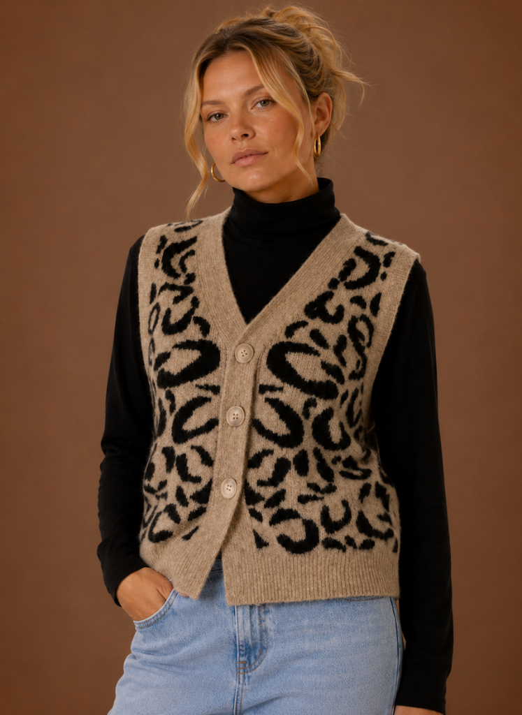 Woman wearing beige leopard print knit sweater vest with button front over black turtleneck
