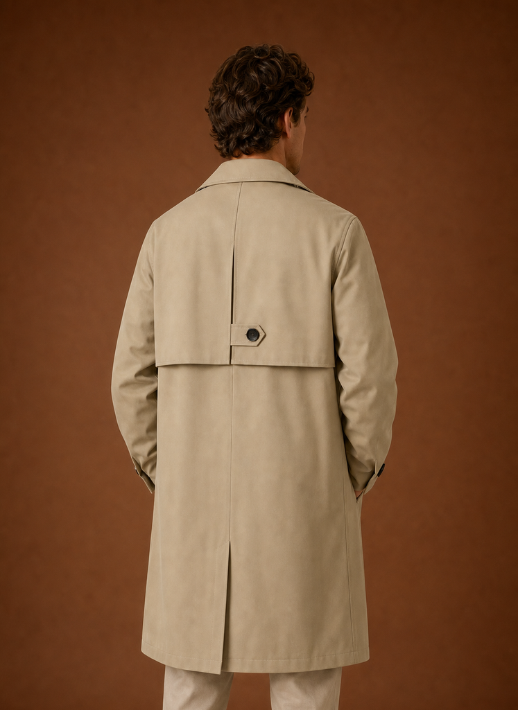 Back view of a beige men's mid-long trench coat with straight hem