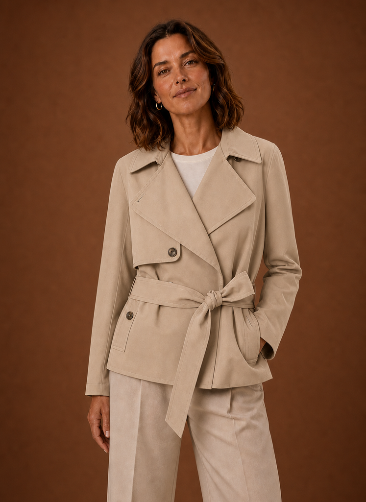 Front view of women's belted trench jacket showing belted waist and streamlined silhouette
