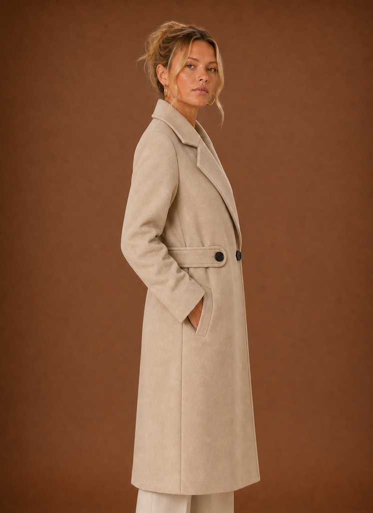 Side profile of the men's mid-long trench coat showing the silhouette